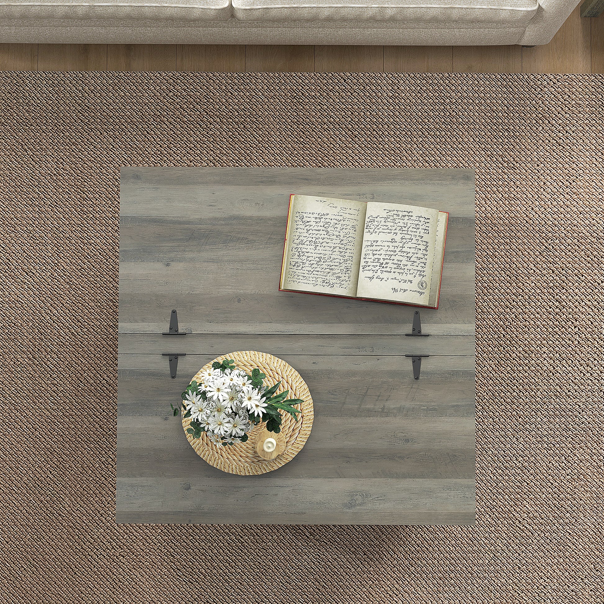 Homcom Farmhouse Coffee Table, Square Coffee Table With Storage For Living Room, Center Table With Hinged Flip Lift Top And Hidden Space, Distressed Gray Gray Particle Board