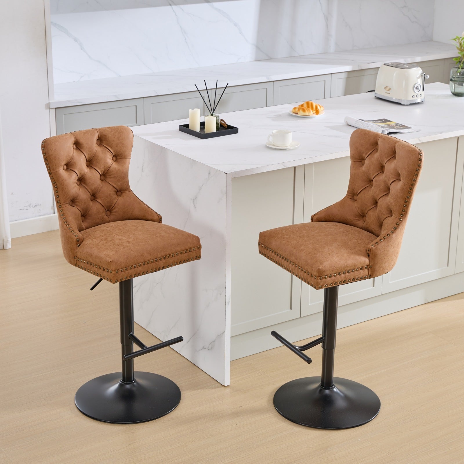 Aged And Retro Pu Swivel Barstools Adjusatble Seat Height From 25 33 Inch, Modern Bar Stools With Backs Comfortable Tufted For Home Pub And Kitchen Island Orange,Set Of 2 Orange American Design Bar Stools Set Of 2 Foam Pu Leather