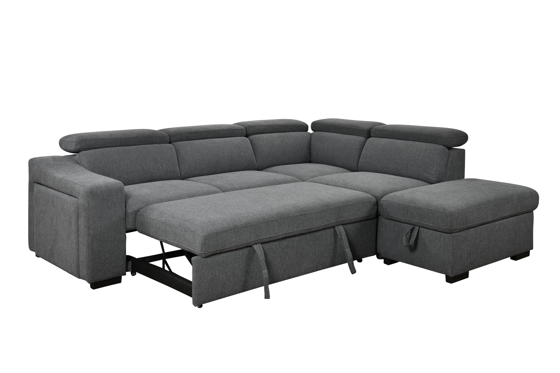 105"L Shape Sectional Sofa With Pull Out Bed And Ottoman Storage Space, Convertible Sleeper Couch, Arm With 1 Cup Holders And Wirelessly Charged, For Living Room, Apartment, Dark Gray Light Brown