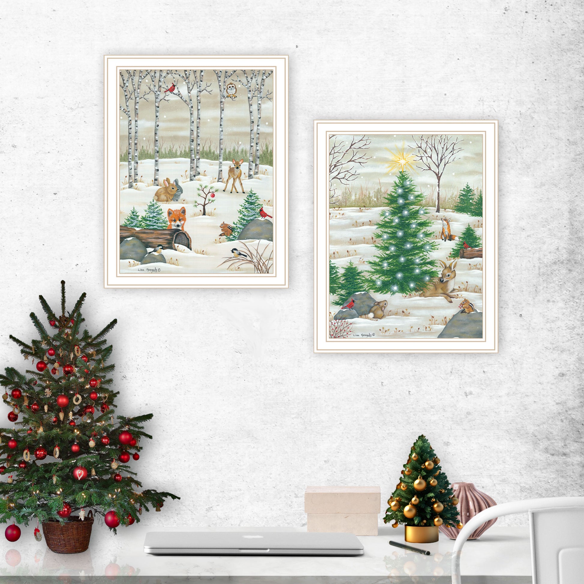 2 Piece Vignette Woodland "Critters For Christmas" White Framed Wall Art For Living Room, Bedroom Wall Art Print For Home Decor By Lisa Kennedy Multi Wood Paper