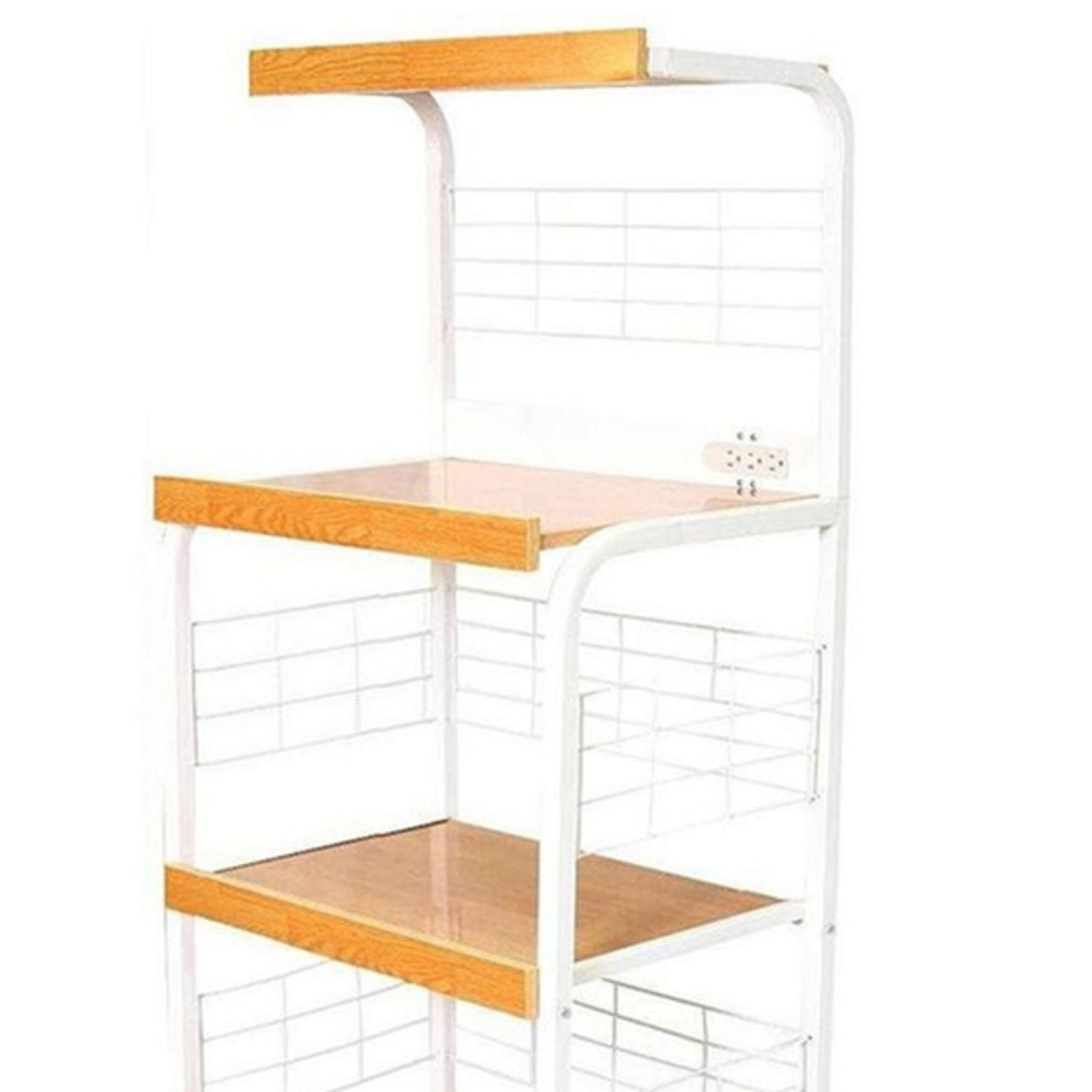 59.5" Tall 3 Tier Microwave Kitchen Cart With Drawer And Outlet, White And Natural Natural White Metal