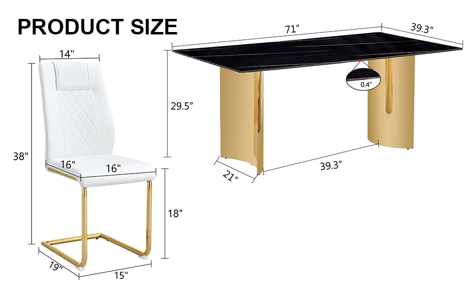 Table And Chair Set.The Table Has A Glass Tabletop With Imitation Marble Pattern Stickers And Stainless Steel Golden Table Legs. Paried With Comfortable Chairs With Pu Seats And Metal Legs. Gold Black Seats 8 Glass Metal