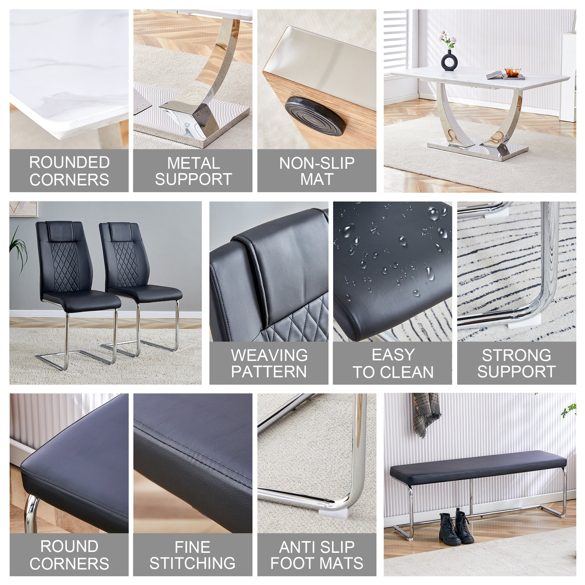Table And Chair Set. Large Modern Rectangular Table With White Textured Top And Silver Metal Legs. Soft And Comfortable Pu Seats, Faux Leather Upholstered Seats And Sturdy Metal Legs. White Black Mdf Metal