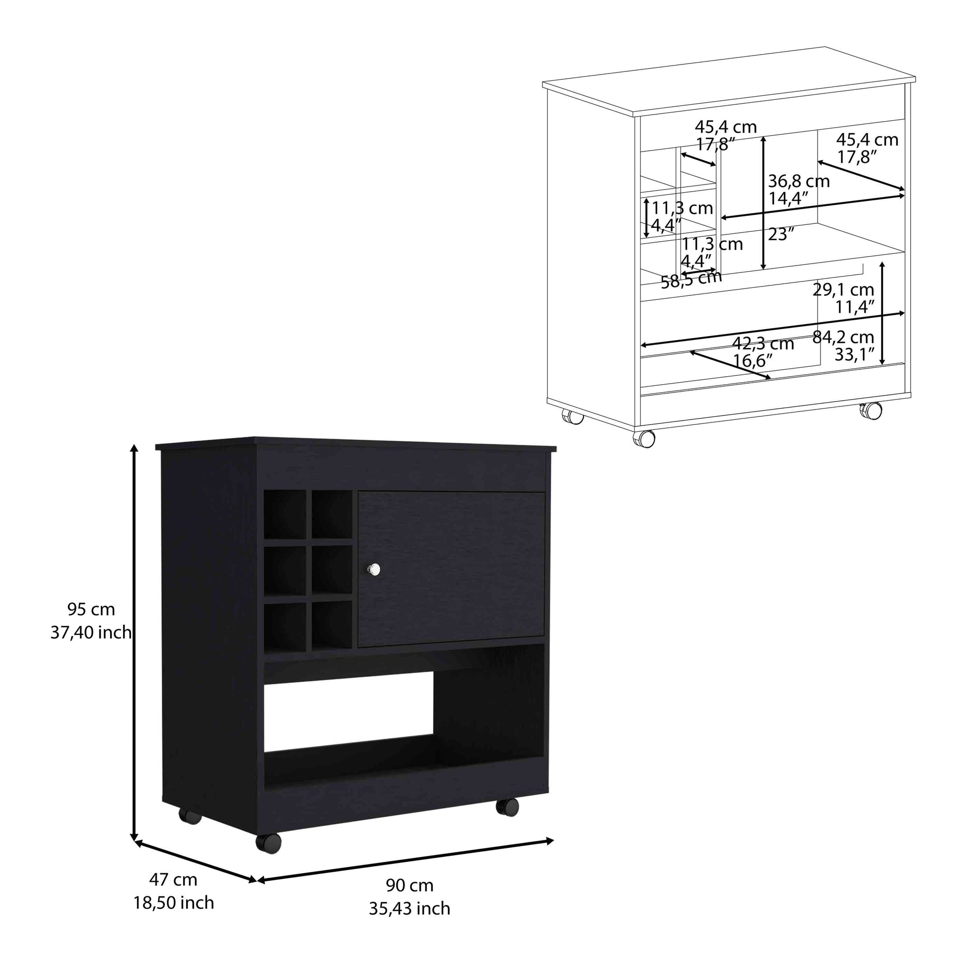 37" H Light Black Bar Coffee Cart, Kitchen Or Living Room Cabinet, With 4 Wheels, Central Storage With 2 Doors, Division For 6 Bottles And A Shelf With A Wooden Front On The Bottom. Black Particle