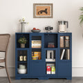 Wooden Floor Cabinet With 2 Glass Doors And 2 Storage Space,Blue Living Room Bathroom Entryway Blue Mdf