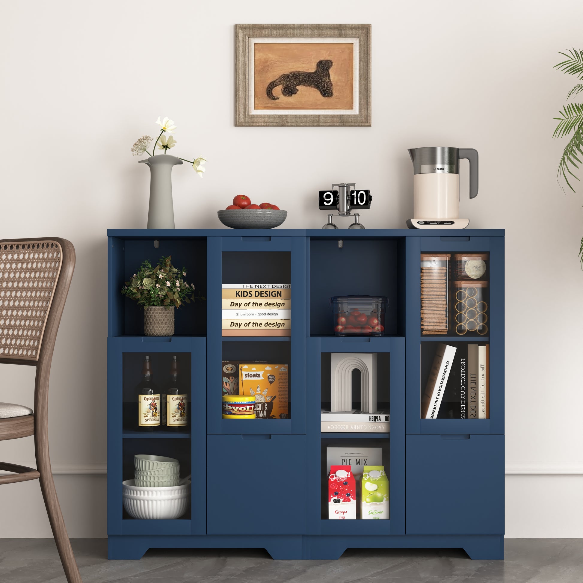 Wooden Floor Cabinet With 2 Glass Doors And 2 Storage Space,Blue Living Room Bathroom Entryway Blue Mdf