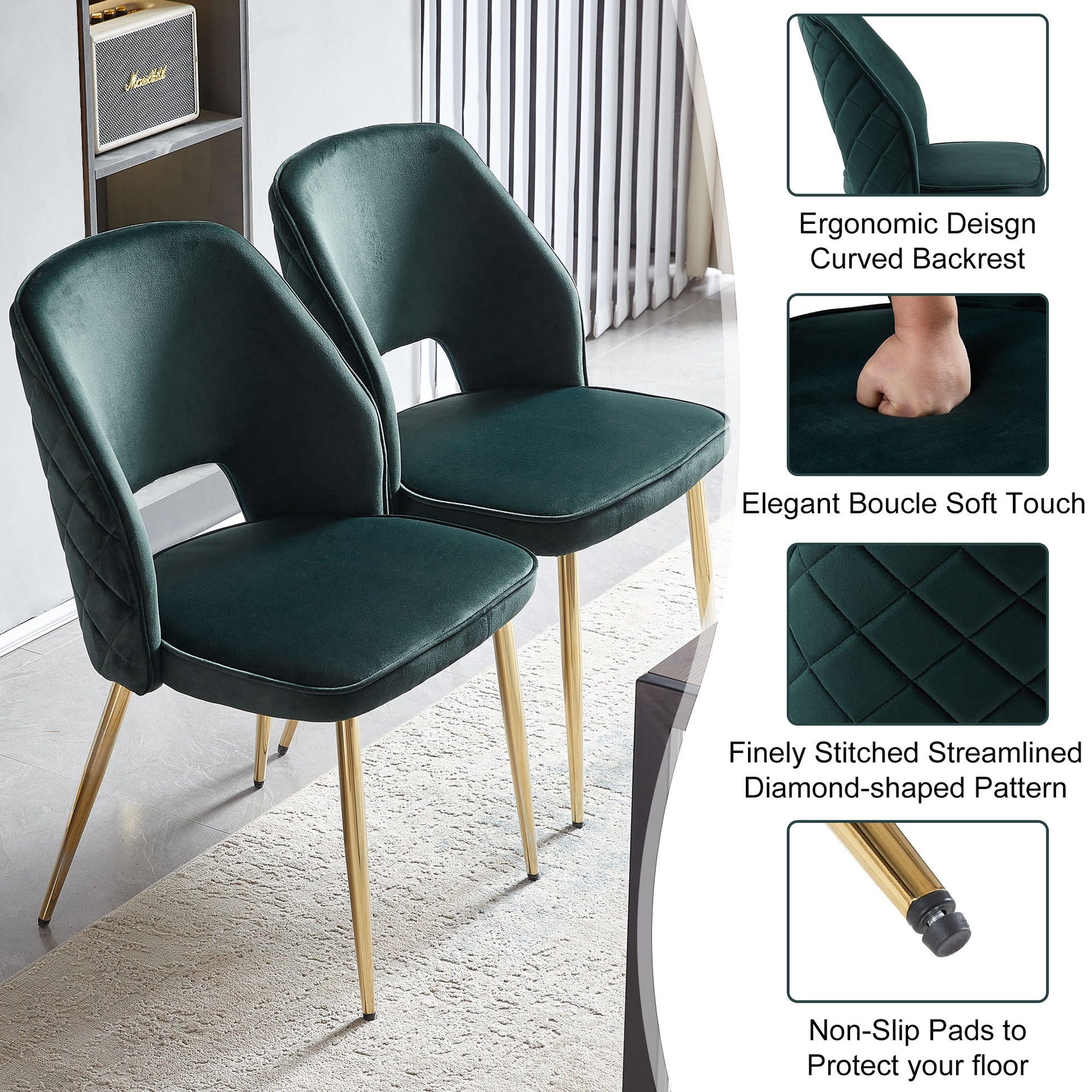 Dark Green Velvet Dining Chairs With Metal Legs And Hollow Back Upholstered Dining Chairs Set Of 4 Metal Dark Green Dining Room Foam Dry Clean Modern Dining Chairs Velvet