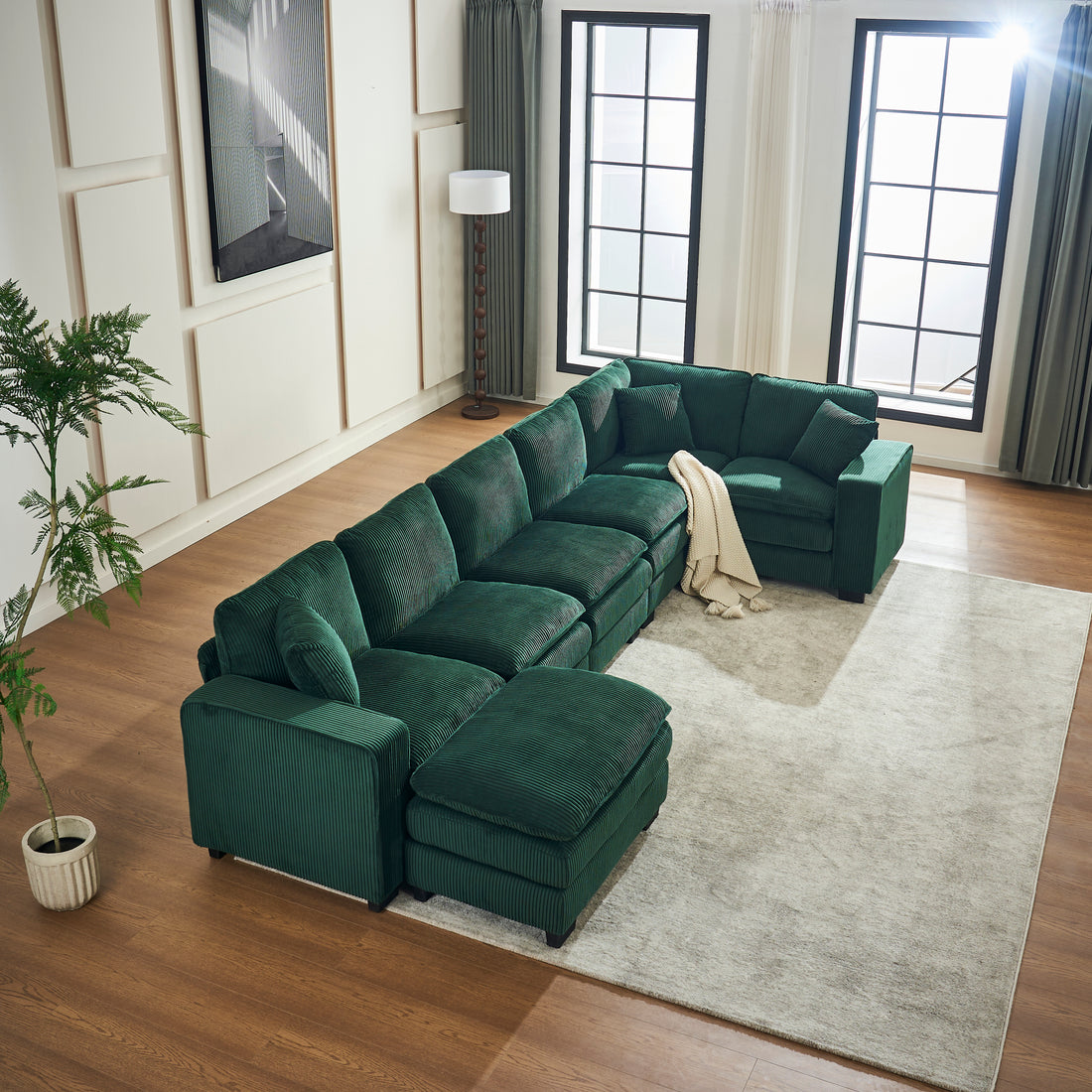 Modern U Shaped 6 Seat Sectional Sofa Couch With One Ottoman And Three Toss Pillows ,Modular Sofa For Living Room,Corduroy Sofa Green Corduroy 7 Seat