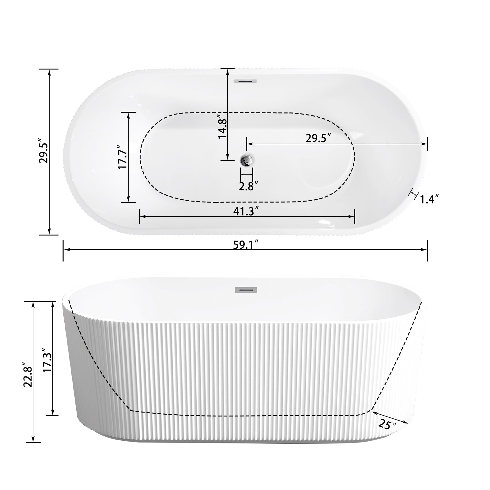 59" Acrylic Freestanding Bathtub Acrylic Soaking Tubs, Fluted Style Gloss White Freestanding Bathtub With Chrome Overflow And Pop Up Drain Gloss White Oval Bathroom Freestanding Tubs Polished 59 61 In Contemporary Soaking Center Acrylic Acrylic