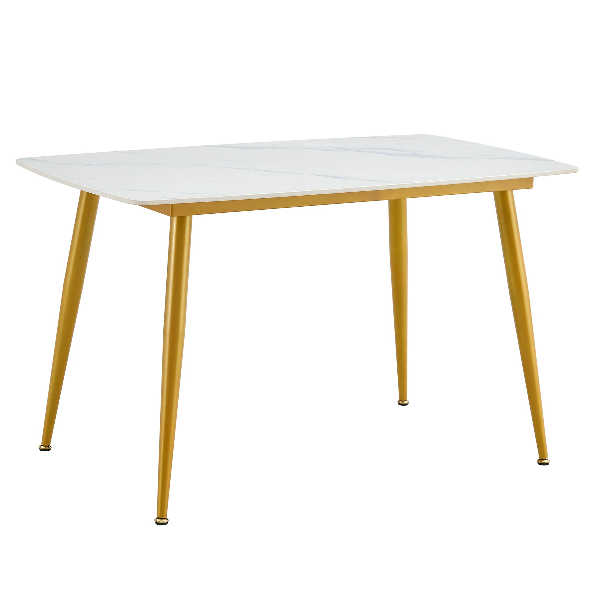 Modern Minimalist Dining Table. White Imitation Marble Patterned Stone Burning Tabletop With Golden Metal Legs. 50 "* 30" * 30 "F 001 Gold Sintered Stone