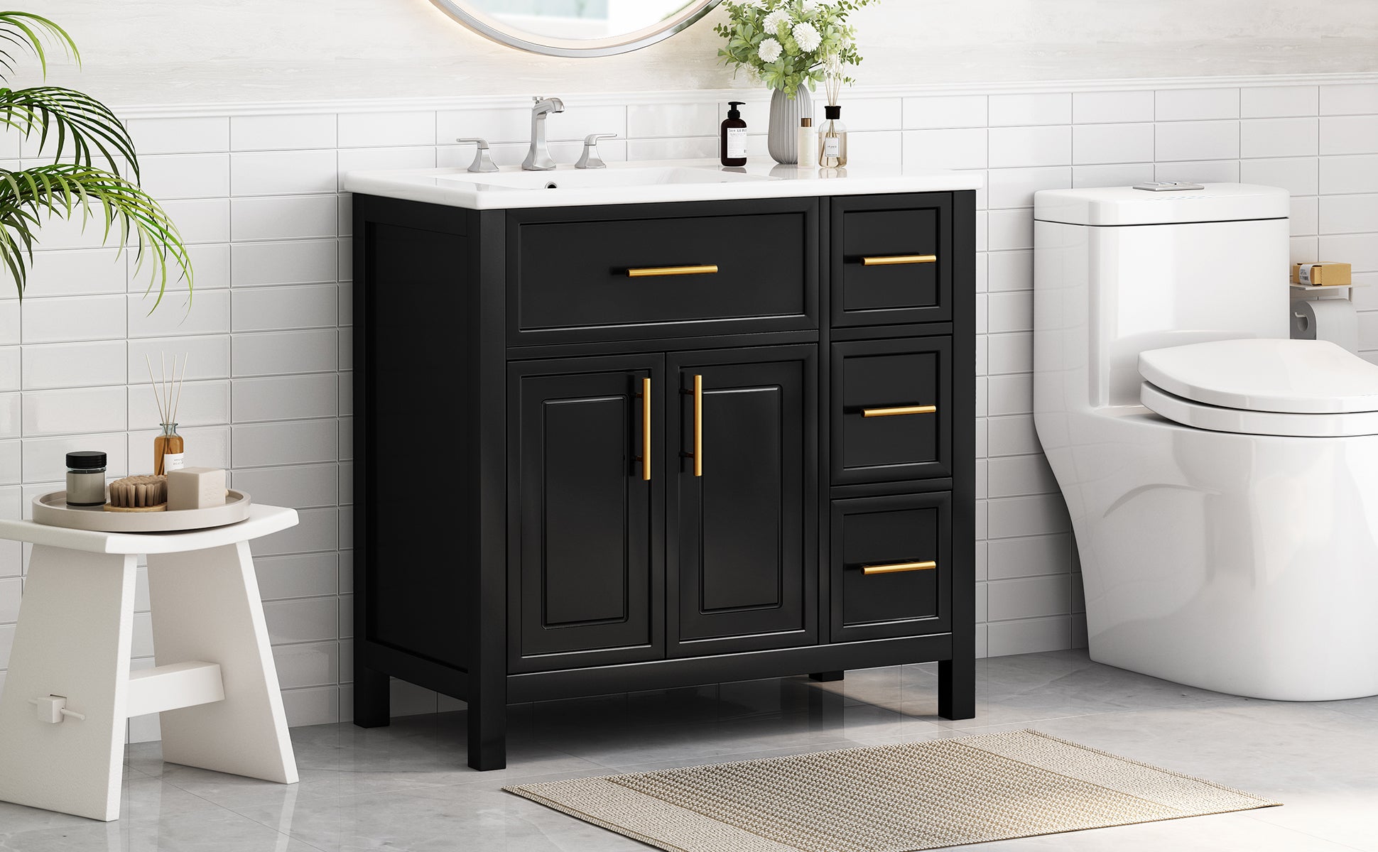 36" Bathroom Vanity With Sink Top, Bathroom Vanity Cabinet With Two Doors And Three Drawers, Solid Woodmdf Boards ,One Package, Black Black Solid Wood Mdf