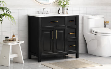 36" Bathroom Vanity With Sink Top, Bathroom Vanity Cabinet With Two Doors And Three Drawers, Solid Woodmdf Boards ,One Package, Black Black Solid Wood Mdf