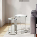 24 Inch Nesting Accent Tables, Mirrored Gemstone Trim, Set Of 2, Silver Silver Glass Metal