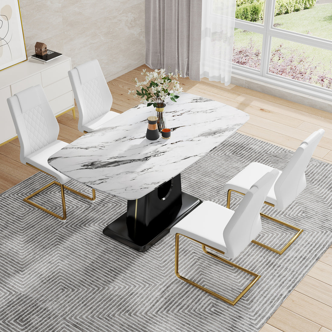 Table And Chair Set, Modern And Minimalist Dining Table, Imitation Marble Patterned Tabletop, Mdf Legs With U Shaped Brackets. Paired With Comfortable Chairs, Suitable For Dining And Living Rooms. Black Gold Mdf Glass