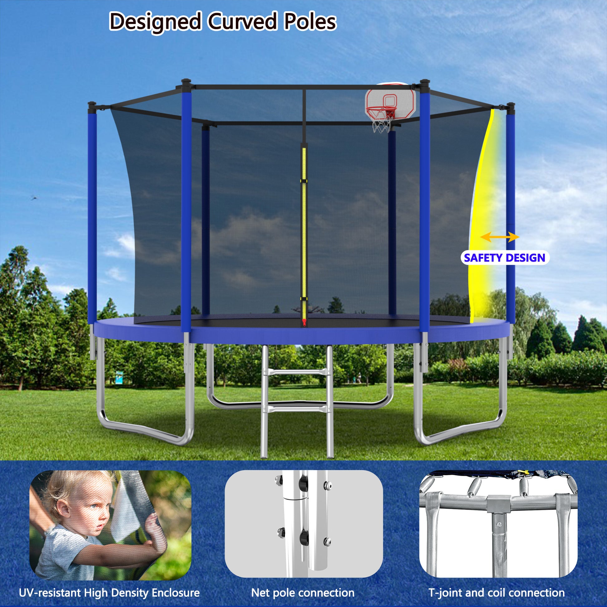 10Ft Trampoline For Kids, Basketball Hoop And Ladder, Outdoor Kids Trampoline With Safety Enclosure,Fast Assembly For Backyard Fun,Astm Approved Blue Metal