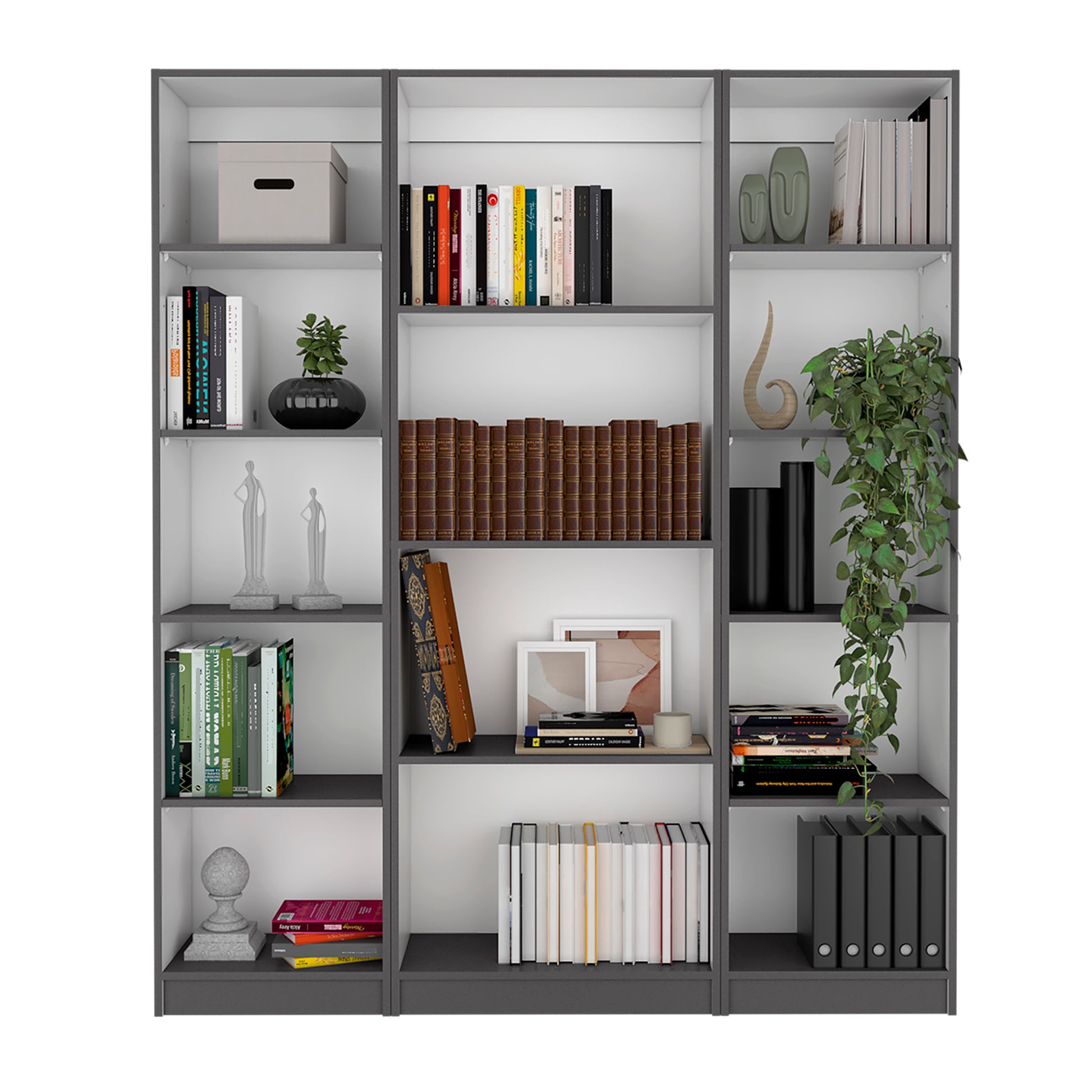 Davie 3 Piece Home Bookcase Set, 60" Wide With 14 Shelvesliving Room Set Set Matt Gray White Freestanding 5 Or More Shelves Multicolor Office Open Storage Space Particle Board