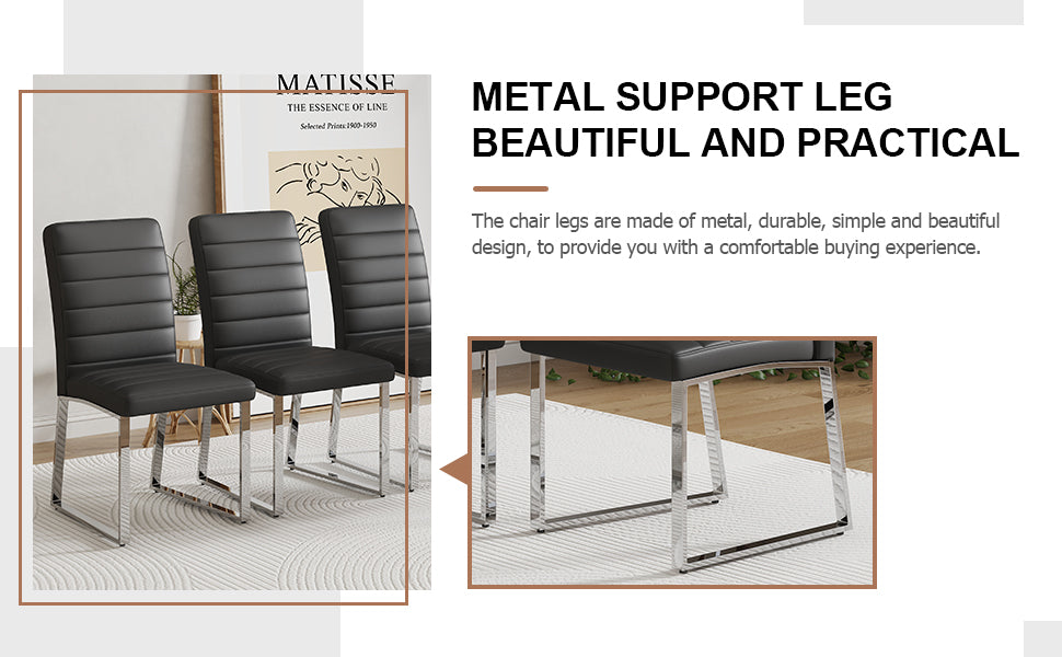 Table And Chair Set, Large Modern Rectangular Glass Table, Can Accommodate 6 8 People, Equipped With A 0.39 Inch Tempered Glass Tabletop And Mdf Table Legs.Paired With Comfortable And Soft Chairs. Black Mdf Glass