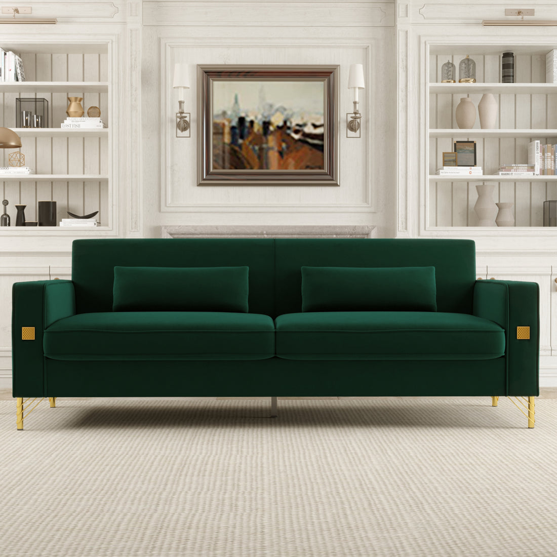 Fx P18 Rg2 Sofa Luxury Emerald Green Velvet Sofa With Gold Accents Modern 3 Seat Couch With Plush Cushions, Perfect For Living Room And Office Decor Retro Green Velvet 2 Seat