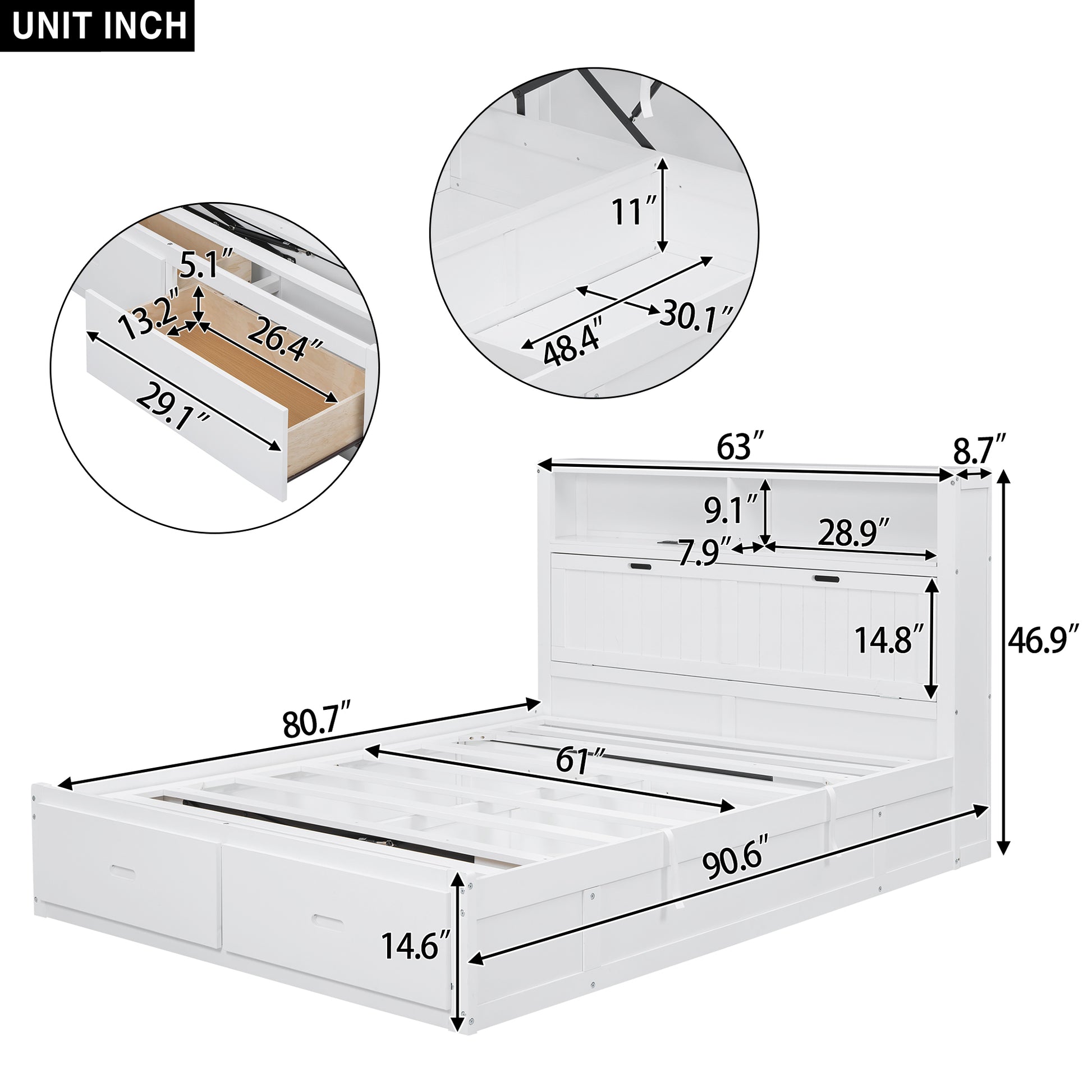 Wood Queen Size Hydraulic Platform Bed With Storage Led Headboard, Charging Station And 2 Drawers, White Box Spring Not Required Queen White Wood Bedroom Bed Frame Solid Wood Mdf