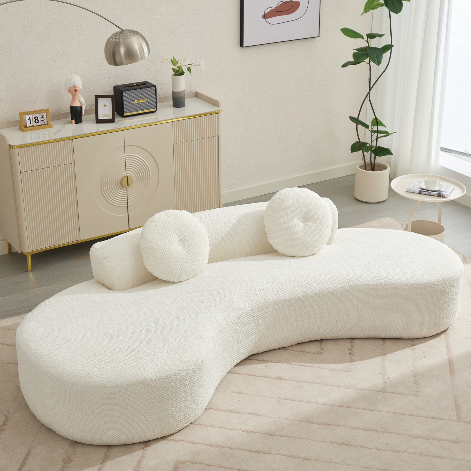 Arrived 105.5''Curved Sofa, Modern Minimalist Sofa, Cloud Couch Sofa 3 4 Seater Couch With 2 Pillows,Bedroom, No Assembly Required, Point Shaped Corduroy, Anti Wrinkle Beige Beige Polyester Primary Living Space Tight Back Soft Modern Foam Upholstered 3