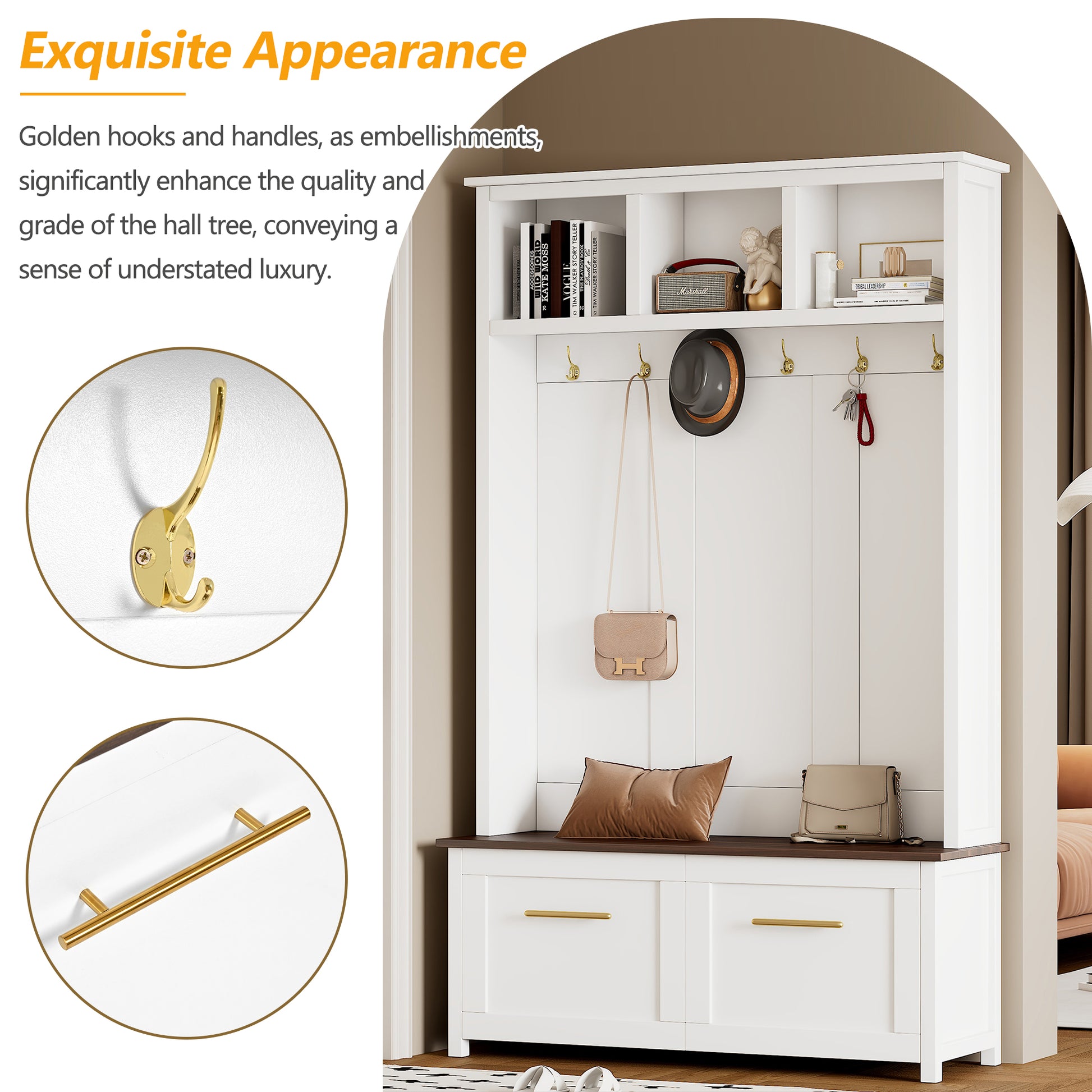 Versatile 4 In 1 Hall Tree With 6 Golden Hooks, Brown Wood Grain Bench With Multiple Storage Space, Entryway Coat Rack With 2 Drawers For Living Room, Hallway, White, 47.2''W*76.6''H White Primary