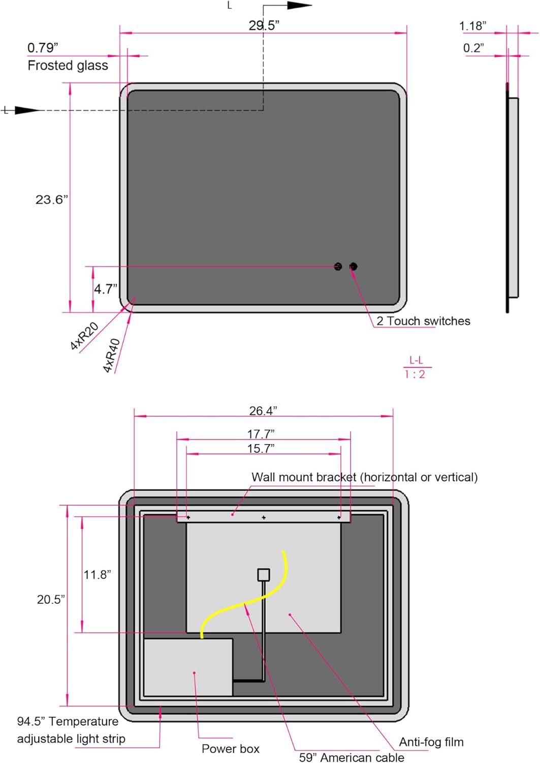 24" W X30 " H Modern Wall Mounted Led Backlit Anti Fog Rounded Rectangular Bathroom Mirror With Us Standard Plug, Temperature Adjustable And Memory Function Touch Switch White Glass