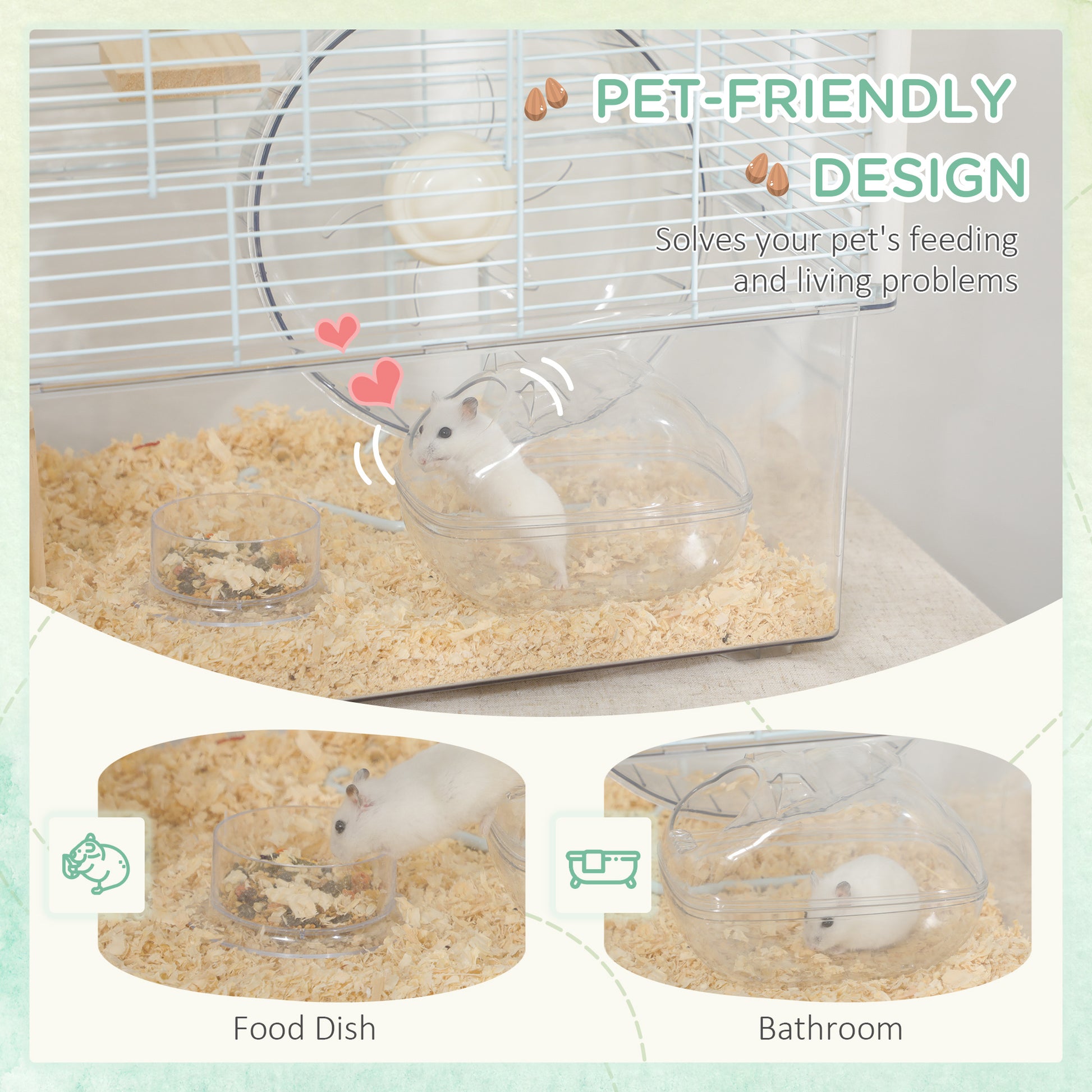 Pawhut Hamster Cage, Transparent Gerbil Cage For Hamsters And Gerbils With Deep Bottom, Wooden Ramp, Hut, Bathroom And Exercise Wheel, 23.25" X 14" X 18.5", White White Steel