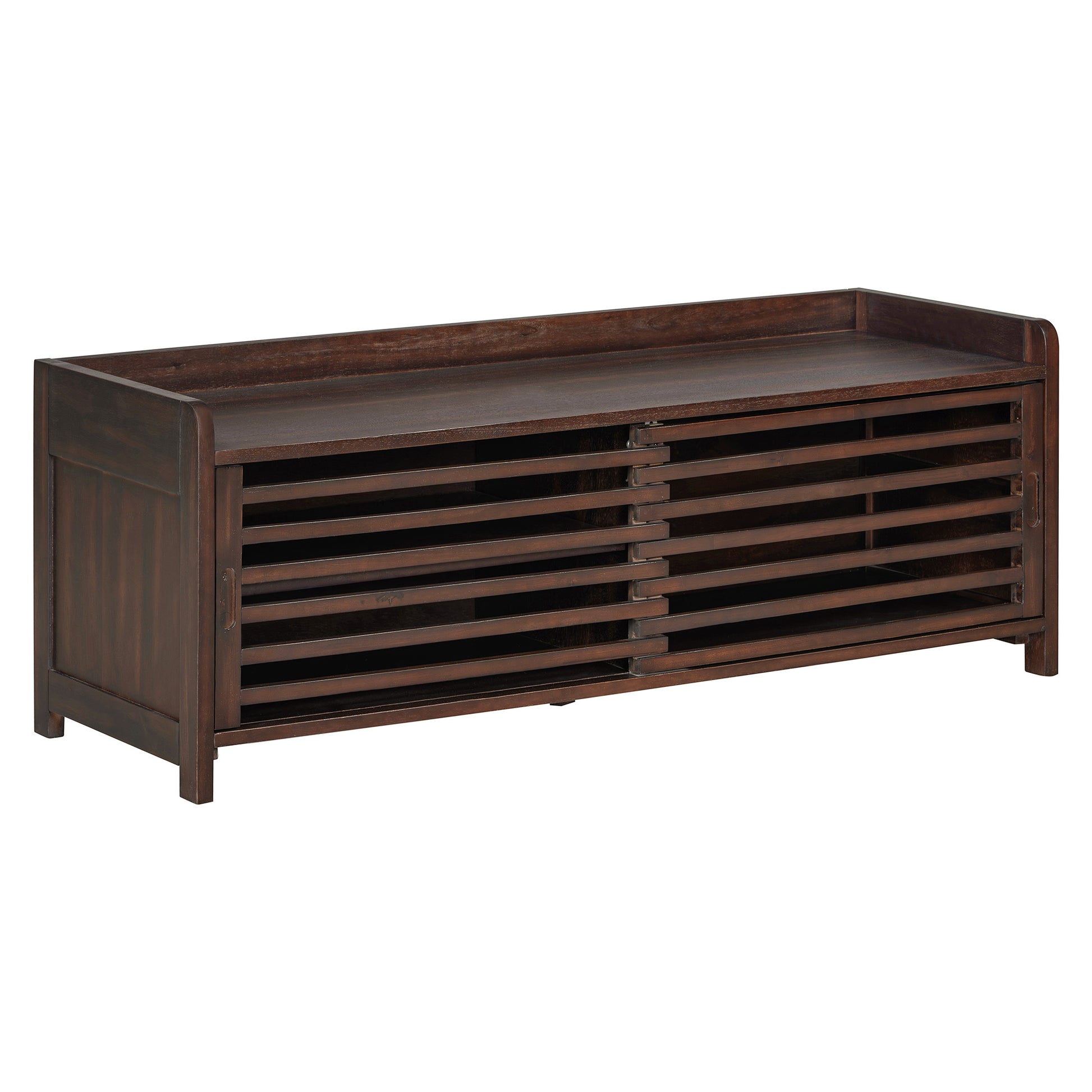 Distressed Shutter Storage Bench With Acacia Veneer For Retro Charm For Living Room, Entryway Espresso Espresso Mdf