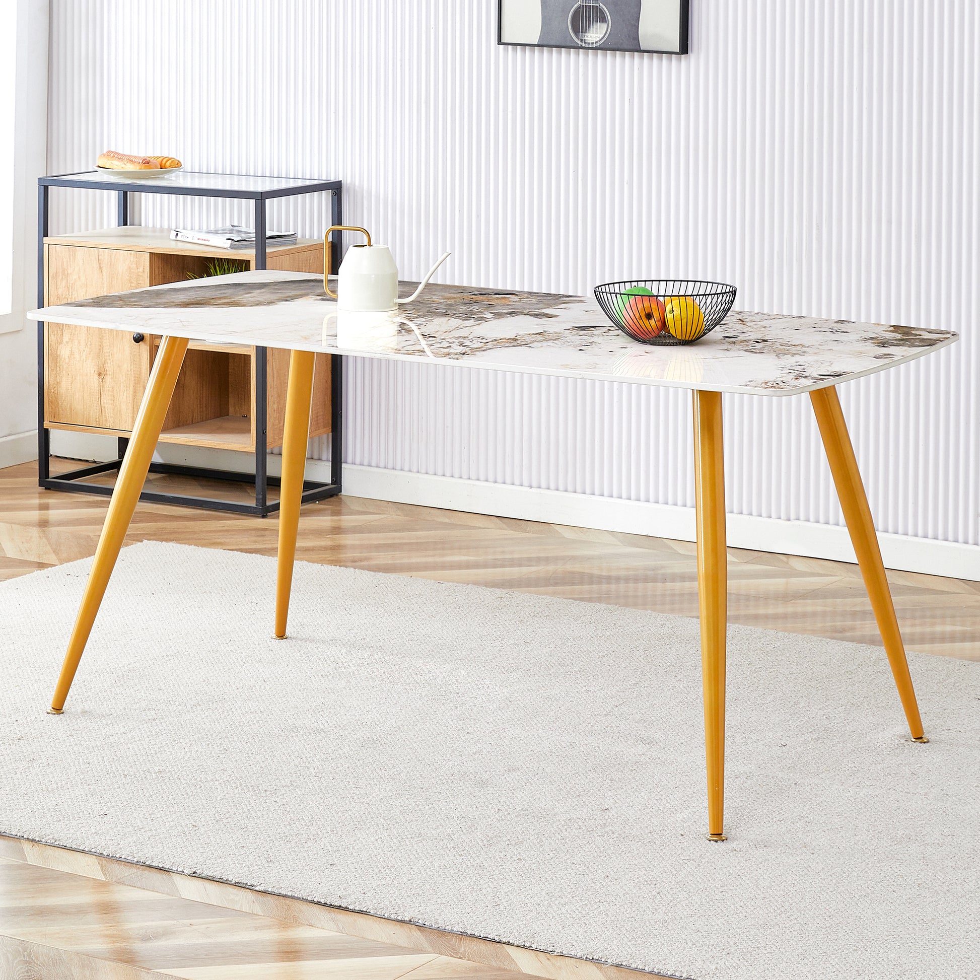 Modern Minimalist Dining Table. White Imitation Marble Pattern Sintered Stone Desktop With Golden Metal Legs.62.2"*34.6"*30" F 001 Gold Sintered Stone