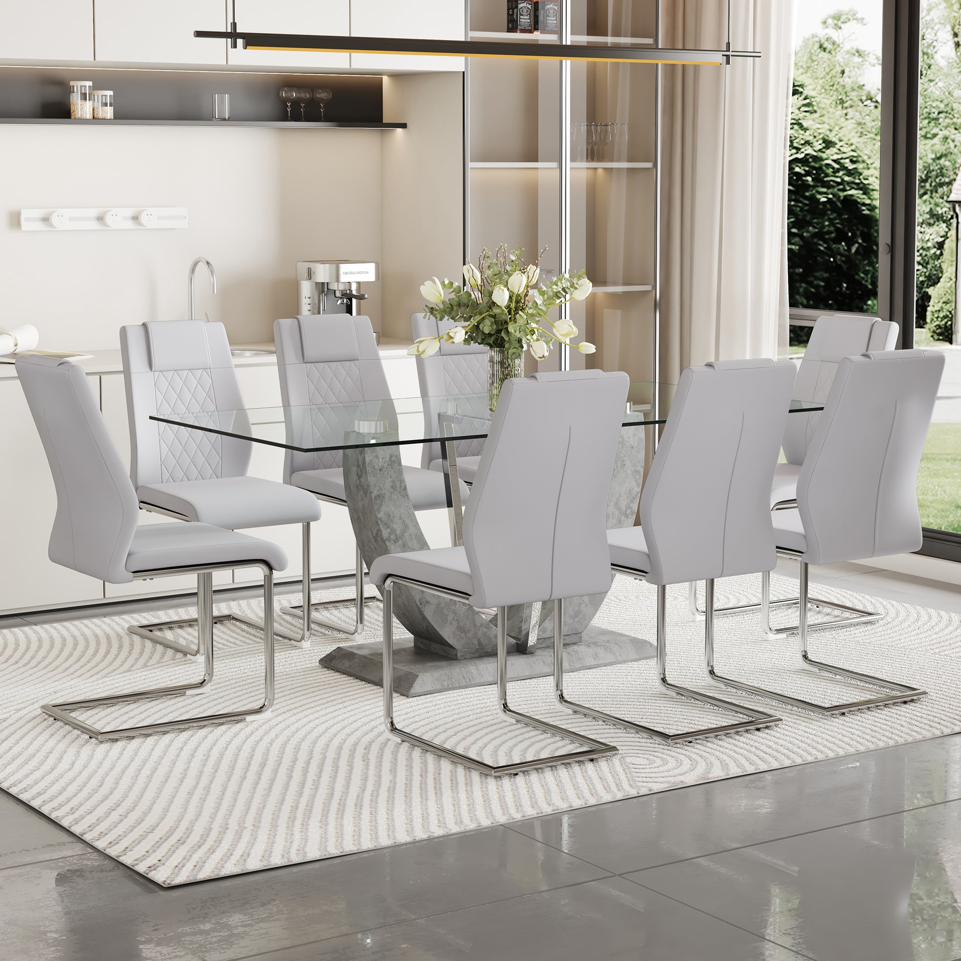 Table And Chair Set, Large Modern Rectangular Glass Table, Can Accommodate 6 8 People, Equipped With A 0.39 Inch Tempered Glass Tabletop And Large Mdf Table Legs, Comfortable And Soft Chairs. Transparent Mdf Glass