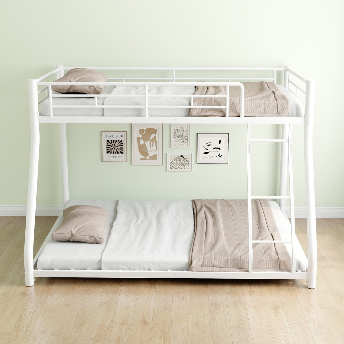 Metal Bunk Bed Twin Over Full Size With Removable Stairs, Heavy Duty Sturdy Frame With 12" Under Bed Storage For Teen & Adults, Teens, No Box Spring Needed, White Box Spring Not Required Full White Metal Bedroom Metal