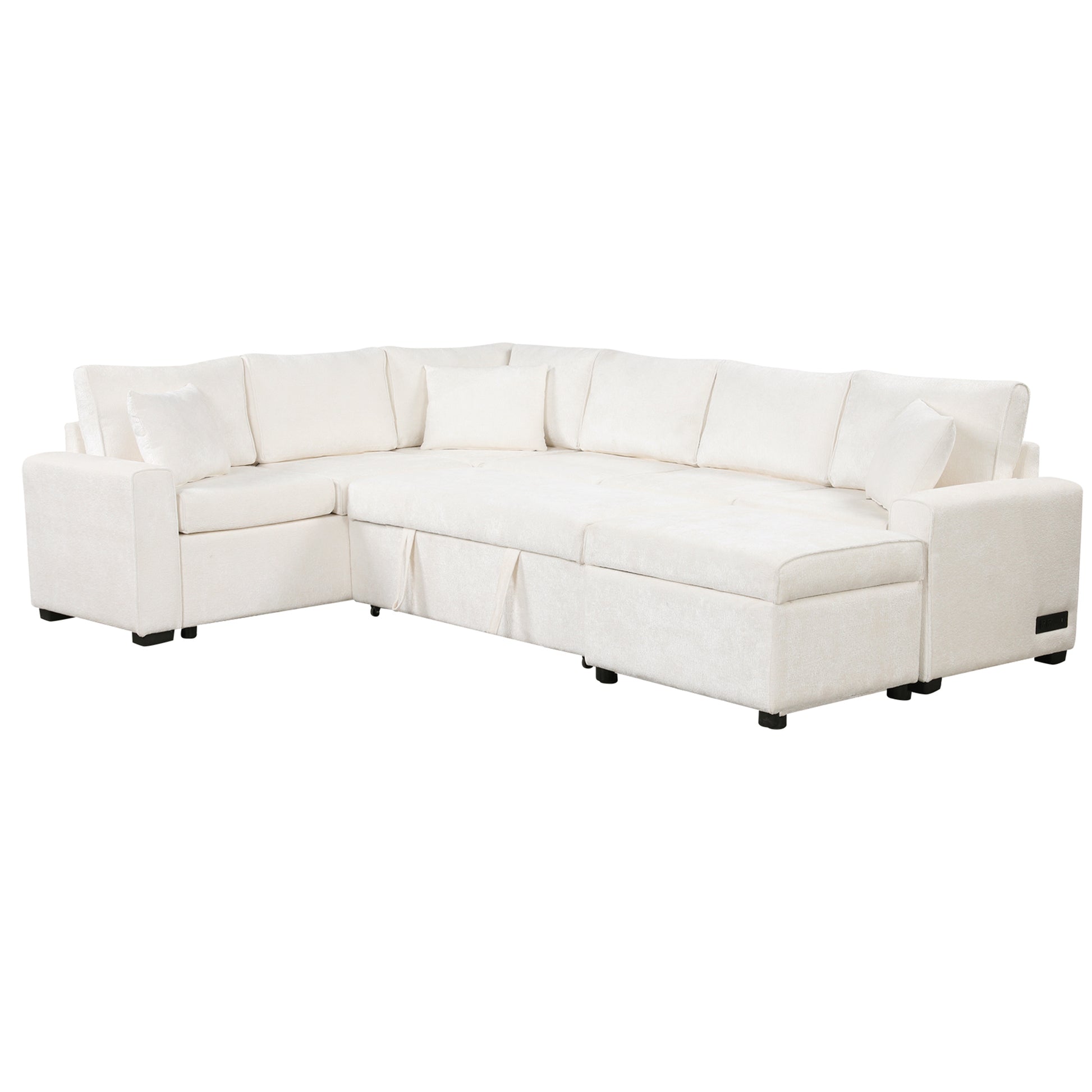 112.2" Sectional Sofa Pull Out Sofa Bed Sleeper With A Storage Ottoman,Three Pillows And Charging Devices For Living Room, Cream Cream Foam Chenille 6 Seat