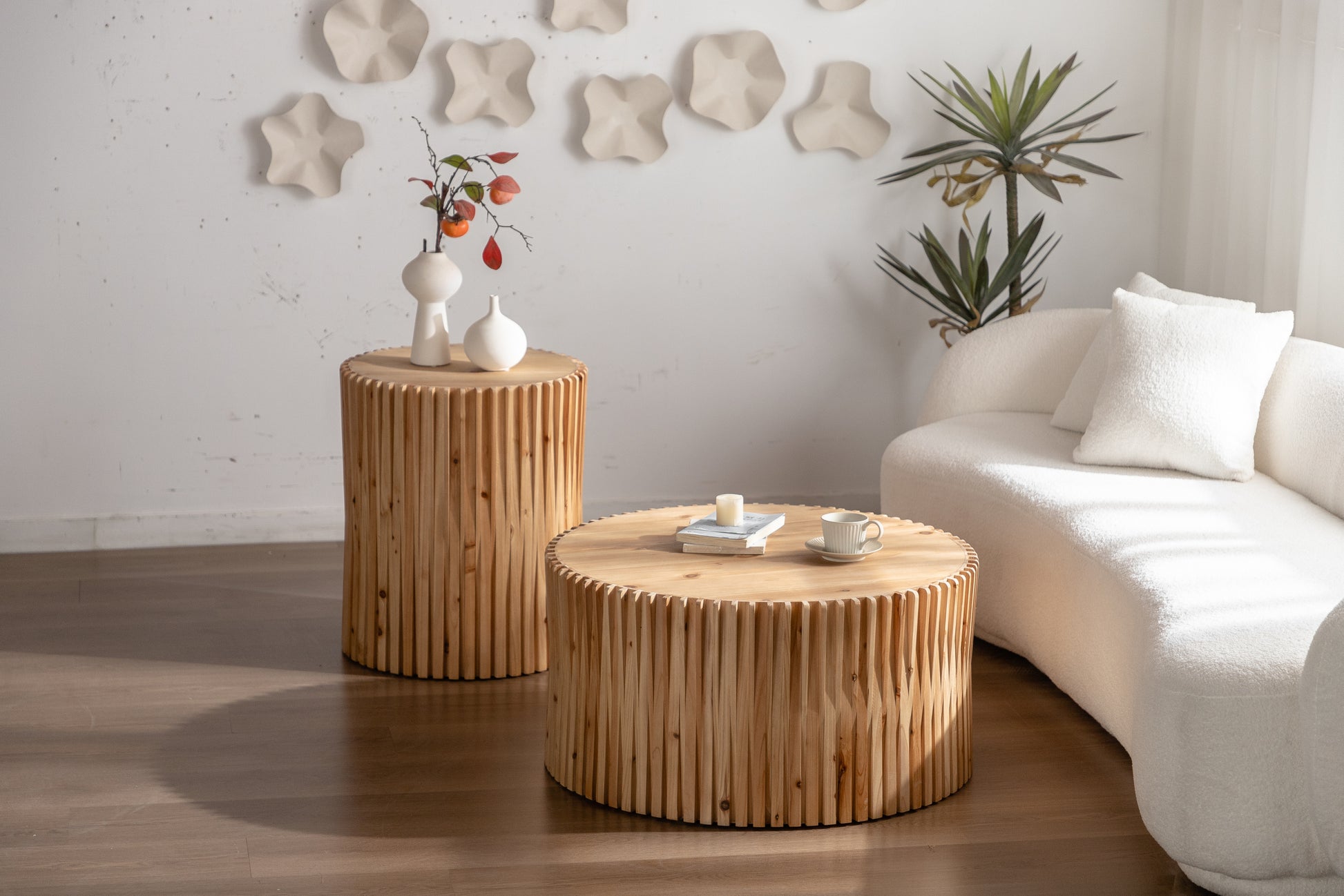 Retro Fashion Style Cylindrical Coffee Table With Vertical Texture Relief Design,Suitable For Living Room,Office,And Dining Room Set Of 2 Natural Mdf