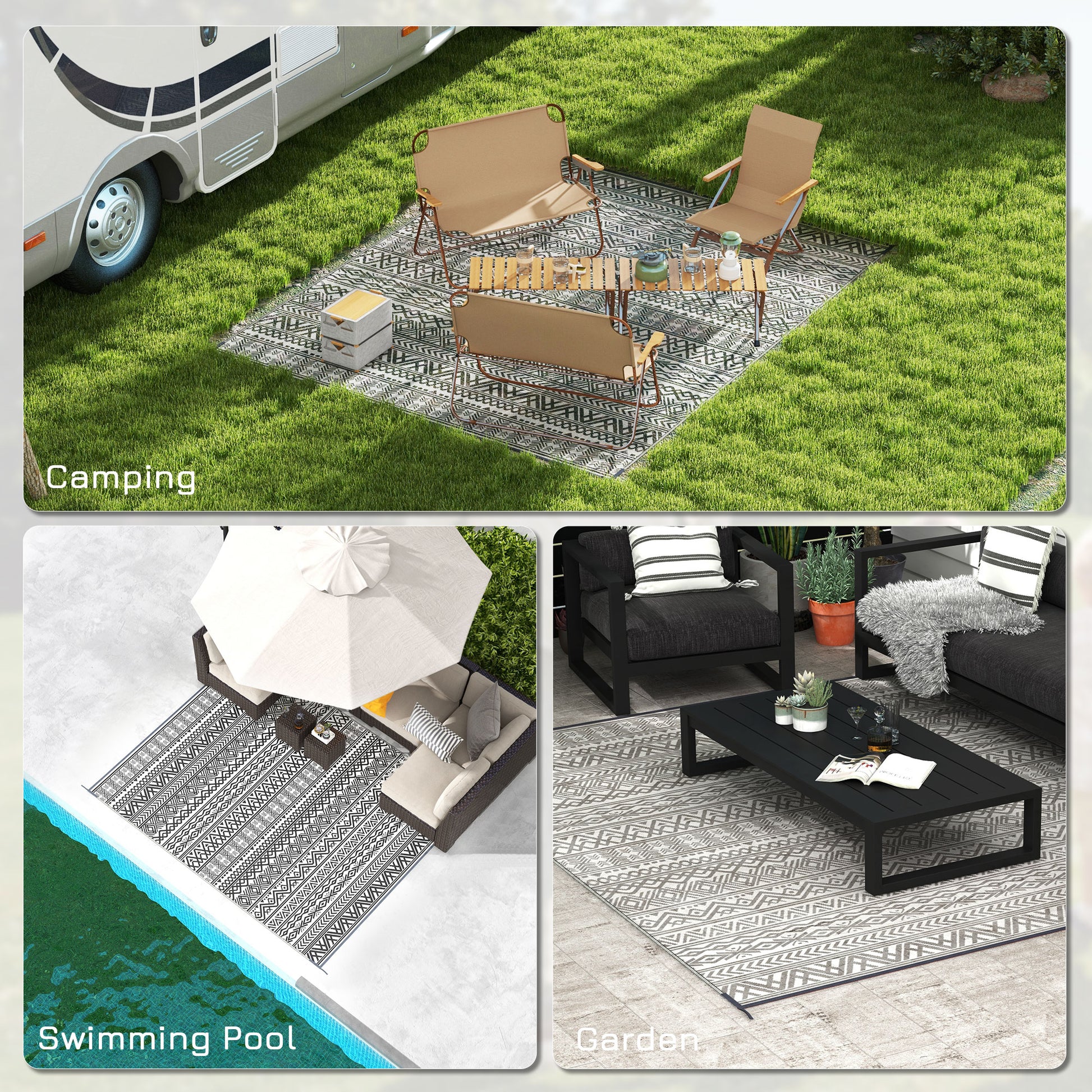 Outsunny Reversible Outdoor Rug, 8' X 10' Waterproof Plastic Straw Floor Mat, Portable Rv Camping Carpet With Carry Bag, Large Floor Mat For Backyard, Deck, Picnic, Beach, Gray & Cream White Boho Multicolor Polypropylene
