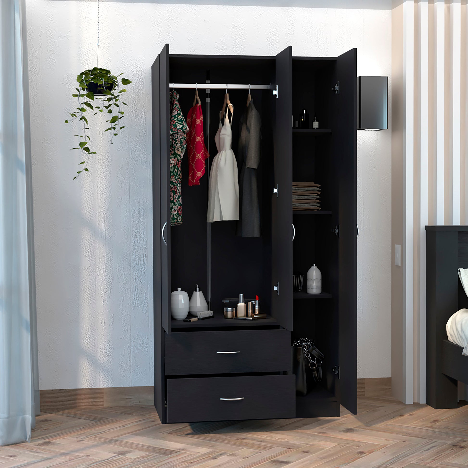 Austral 3 Door Armoire With Drawers, Shelves, And Hanging Rod Black Black Bedroom Modern Particle Board Particle Board