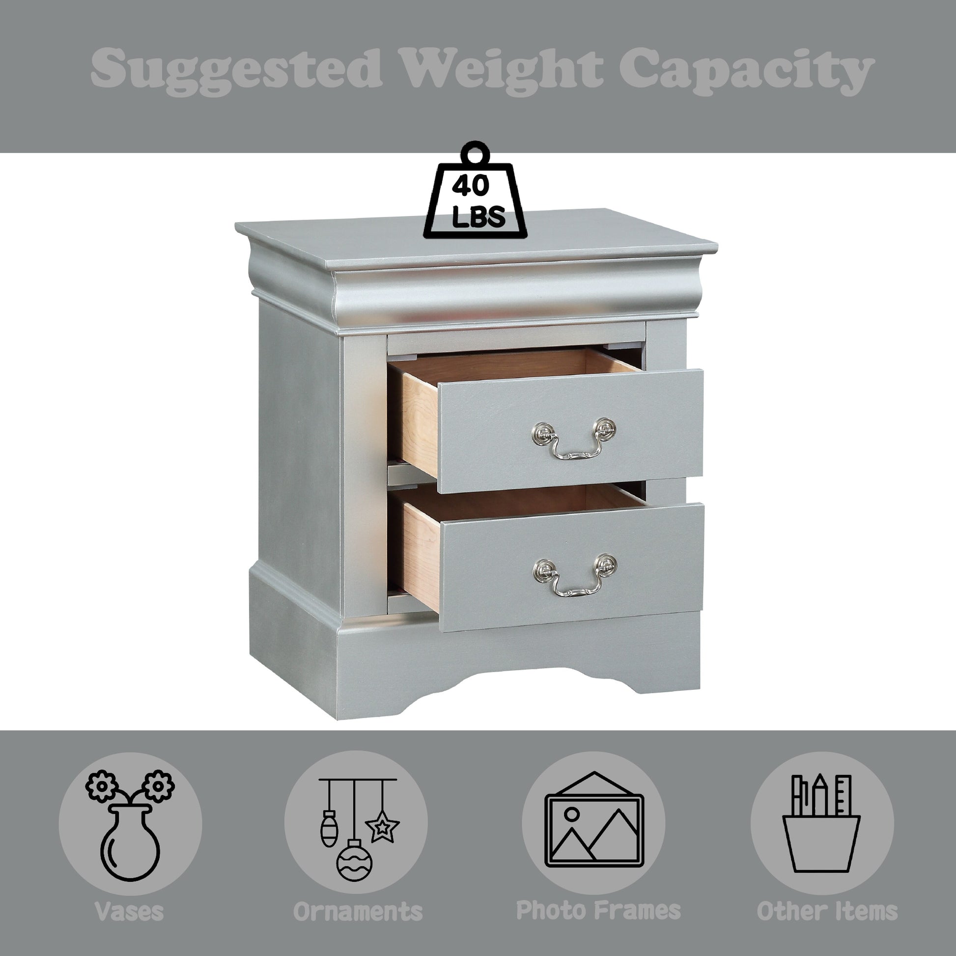 Louis Philippe Platinum Finish Nightstand Silver Grey Synthetic Wood