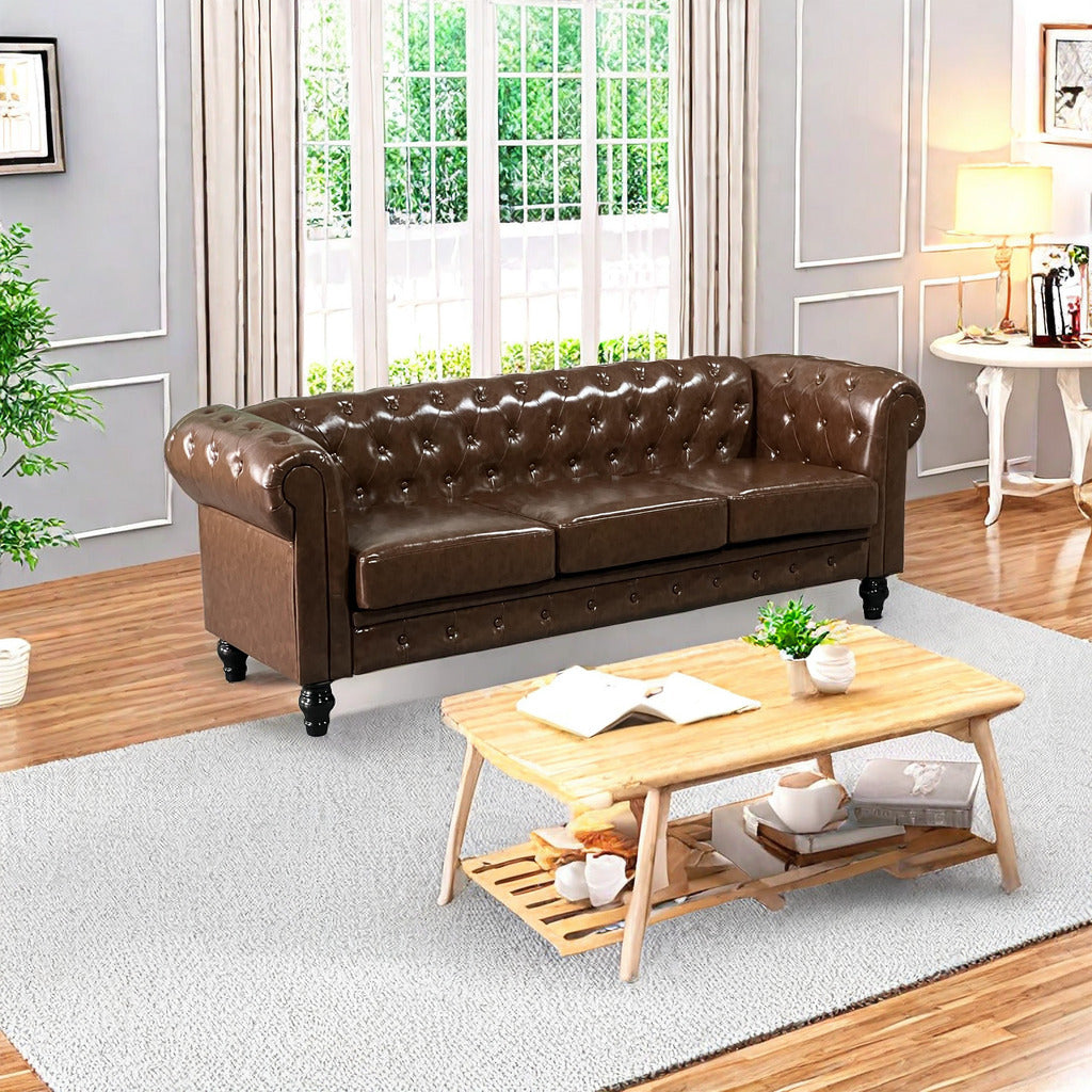 Fx P80P Pu2 Sofa 3 Seat Living Room Upholstered Sofa Modern Sofa Couches Set Style Button Tufted, Pu Chesterfield Sofa For Living Room Apartment Brown Pu 3 Seat