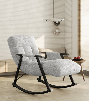 Casual Folding Rocking Chair Upholstered, Lounge Rocking Chair Adjustable High Back And Foot Rest,Side Pockets Placed In Living Room Bedroom Balcony Grey Teddy