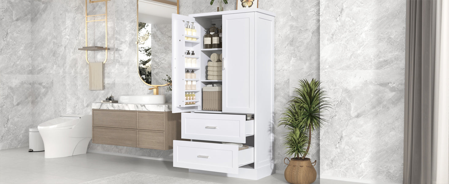 Tall Bathroom Storage Cabinet, Cabinet With Two Doors And Drawers, Adjustable Shelf, Mdf Board, White White Mdf