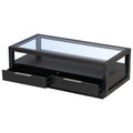 Modern Wood Coffee Table With 2 Drawers ,Minimalist Display Coffee Table With Transparent Tempered Glass, Open Storage Shelf For Living Room Black Solid Wood Mdf