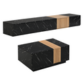 Tv Stand And Coffee Table With Faux Marble, Walnut Wood Grain Finish, Set Of 2, Modern Entertainment Center For Tvs Up To 88'', Center Table With 2 Storage Drawers For Living Room, Black Black 80 89 Inches Particle Board