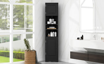 Multi Functional Corner Cabinet Tall Bathroom Storage Cabinet With Two Doors And Adjustable Shelves, Open Shelf, Black Black Mdf