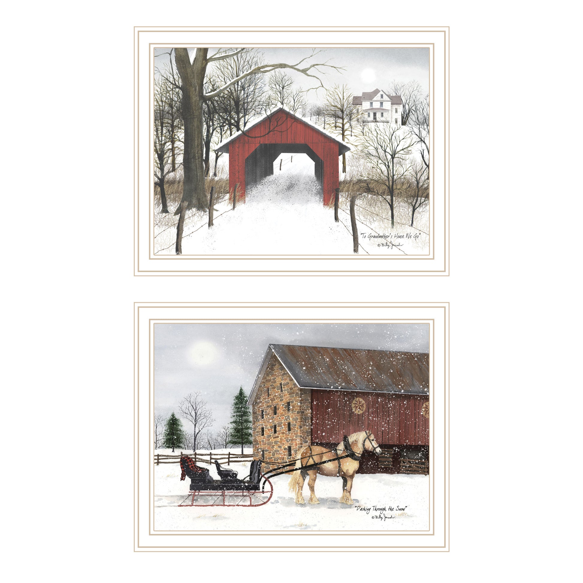 2 Piece Vignette Sleigh Ride To Grandma'S White Framed Wall Art For Living Room, Bedroom Wall Art Print For Home Decor By Billy Jacobs Multi Wood Paper