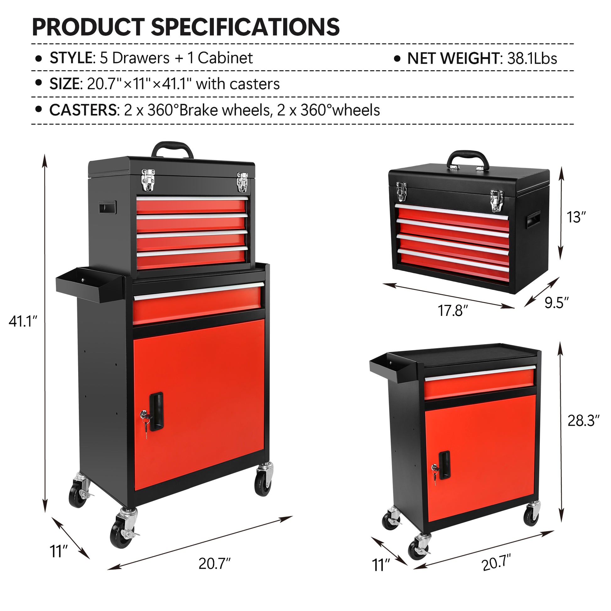 Tool Chest, 5 Drawer Rolling Tool Storage Cabinet With Detachable Top Tool Box, Liner, Universal Lockable Wheels, Locking Mechanism, Metal Tool Cart For Garage Workshop Black Red Steel