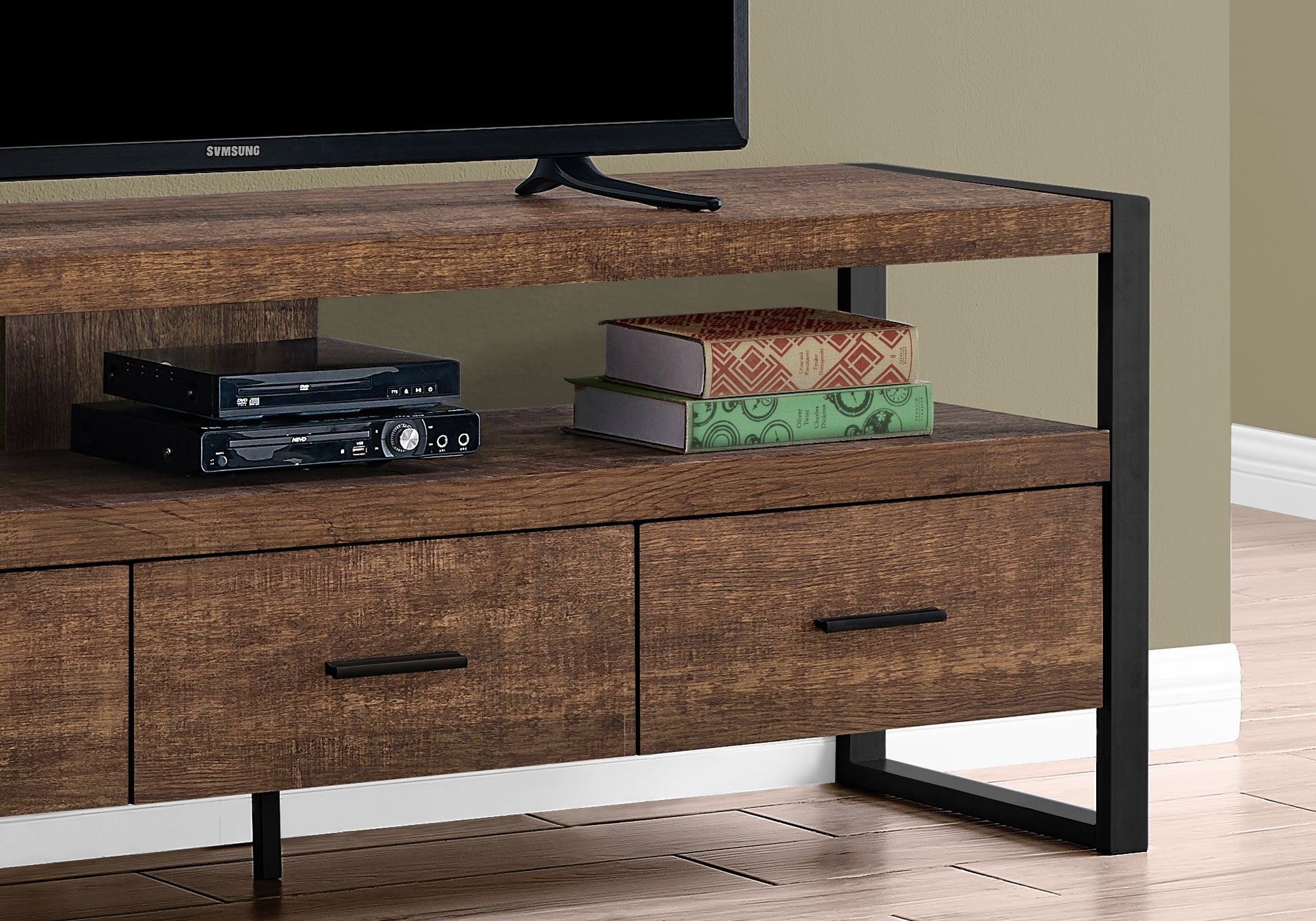 Tv Stand, 60 Inch, Console, Media Entertainment Center, Storage Drawers, Living Room, Bedroom, Brown Laminate, Black Metal, Contemporary, Modern Brown 80 89 Inches Particle Board