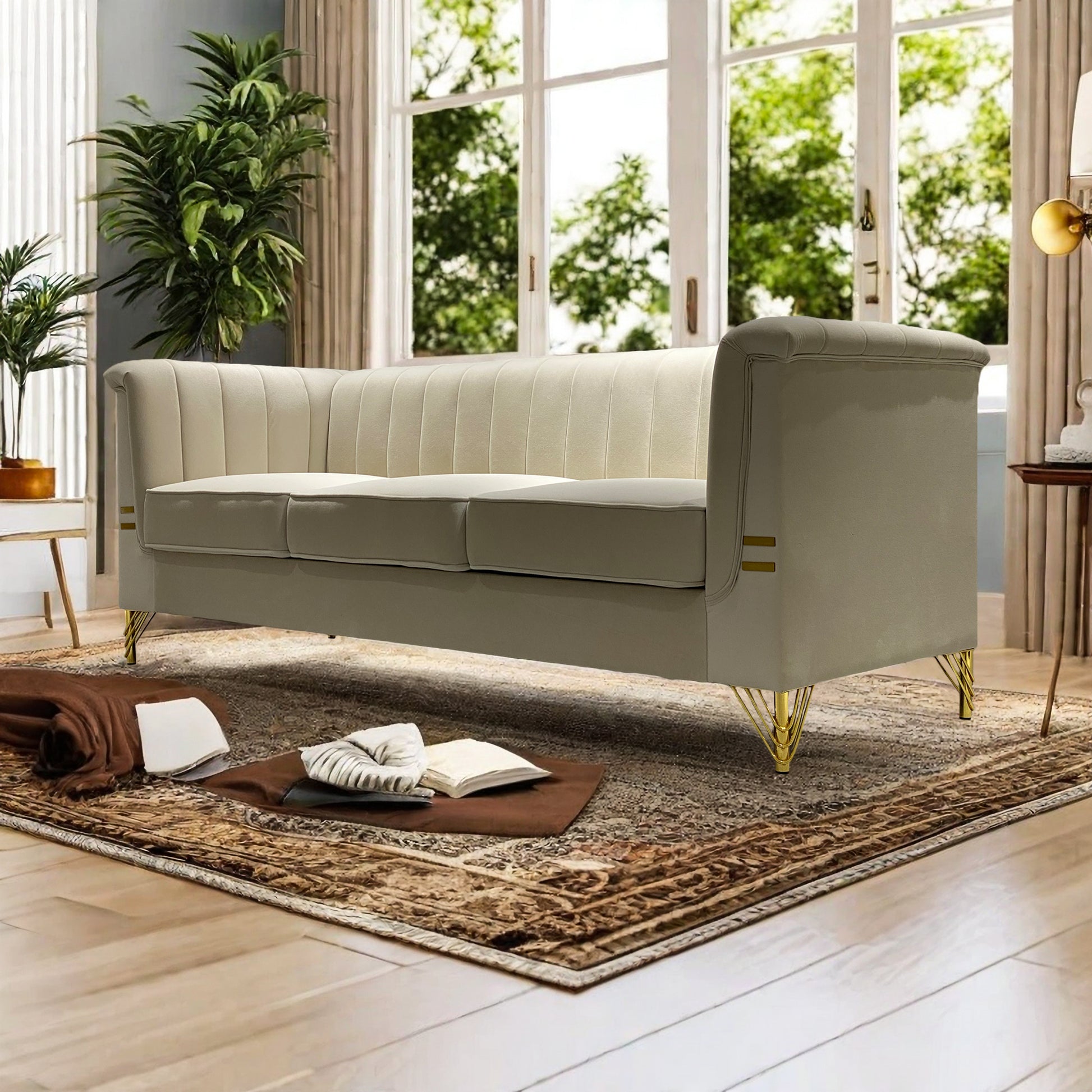 Fx P82 Be Sofa Modern Chenille Sofa, 82.67" Upholstered Couch With Bolster Armrest, 3 Seat Sofa For Living Room, Bedroom, Office, Apartment, Dorm, Beige Beige Velvet 3 Seat