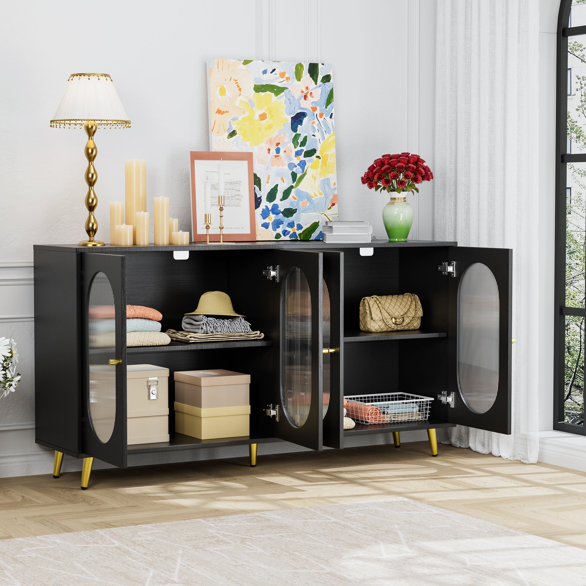 Modern Accent Sideboard Cabinet With Acrylic Doors, Freestanding Storage Cupboard Console Table For Kitchen Dining Living Room Hallway Office, Black Black Mdf Metal