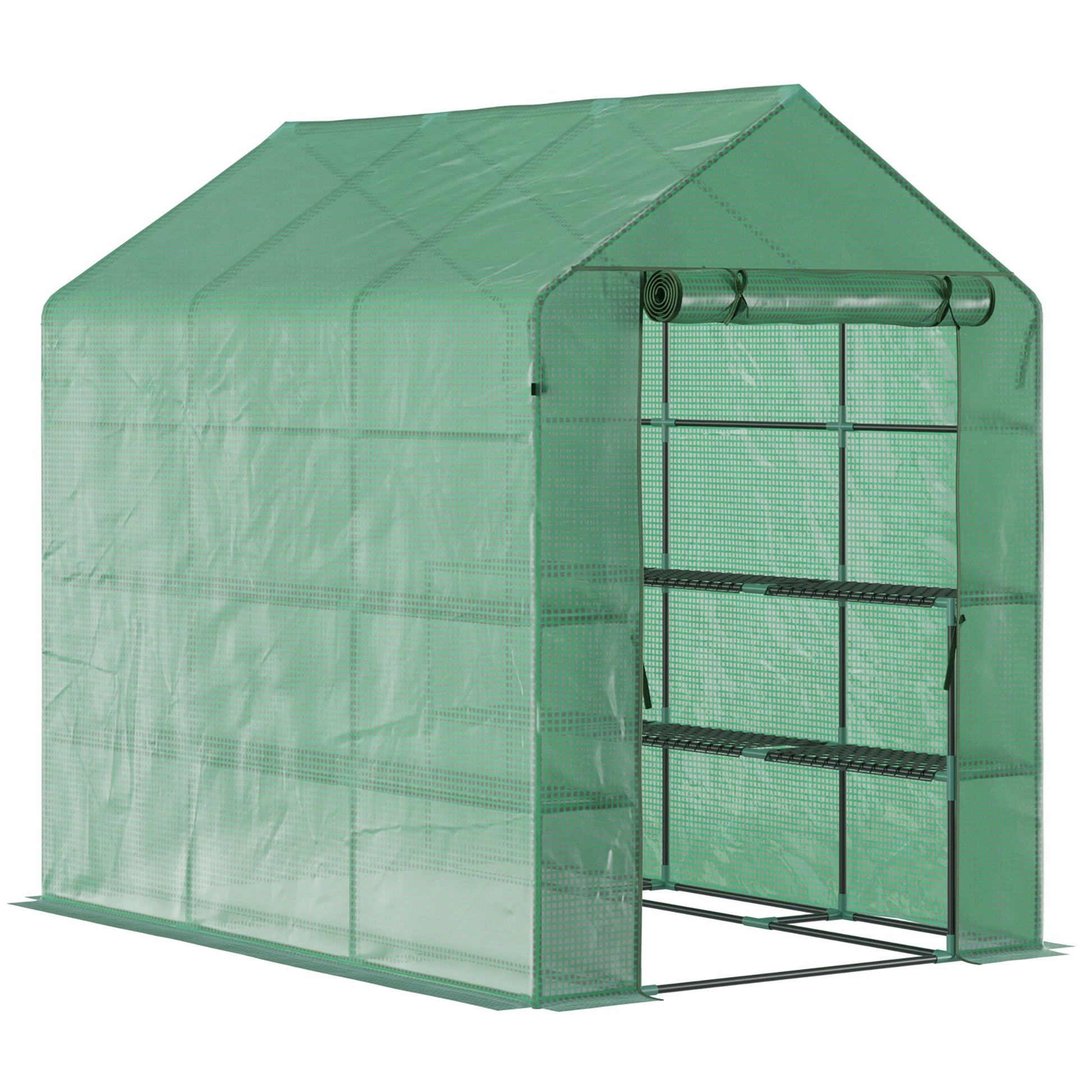 Outsunny 7' X 5' X 6.5' Walk In Greenhouse, Pe Cover, 3 Tier Shelves, Steel Frame Hot House, Roll Up Zipper Door For Flowers, Vegetables, Saplings, Tropical Plants, Green Green Steel