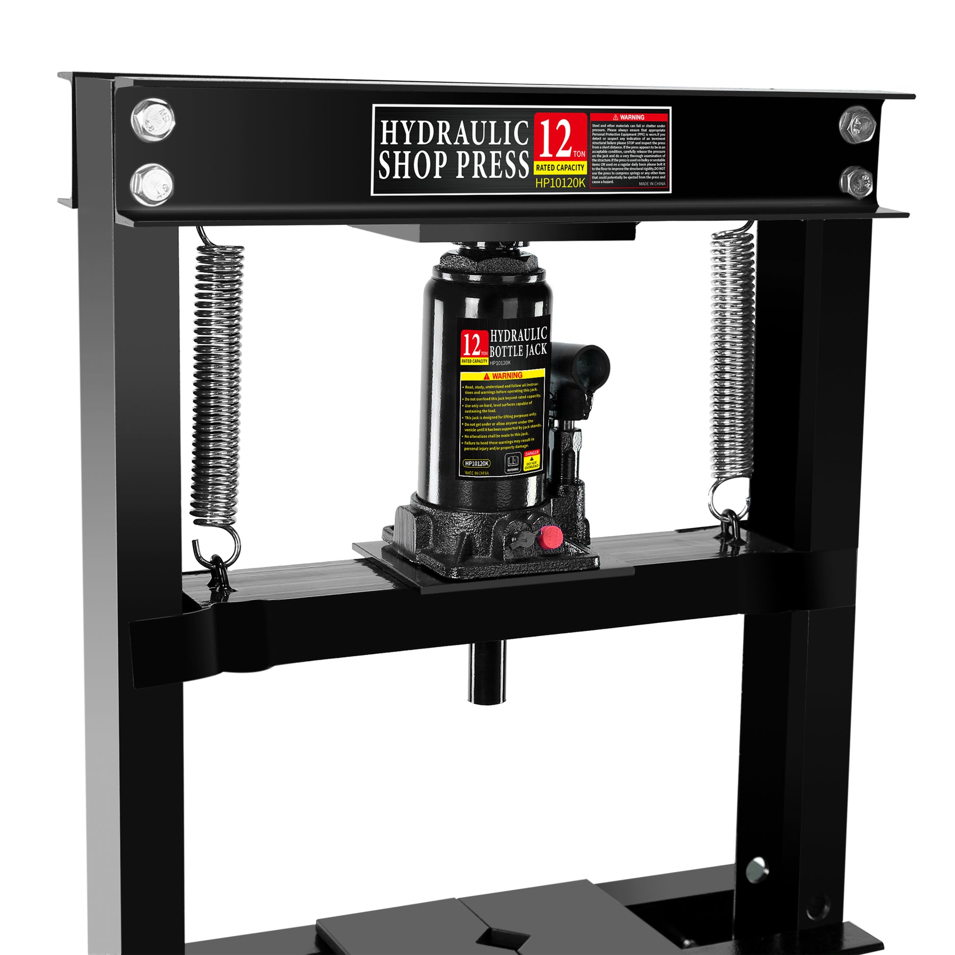 Hydraulic 12 Ton H Frame Garage Floor Adjustable Shop Press With Plates, 12T, Black Black Steel