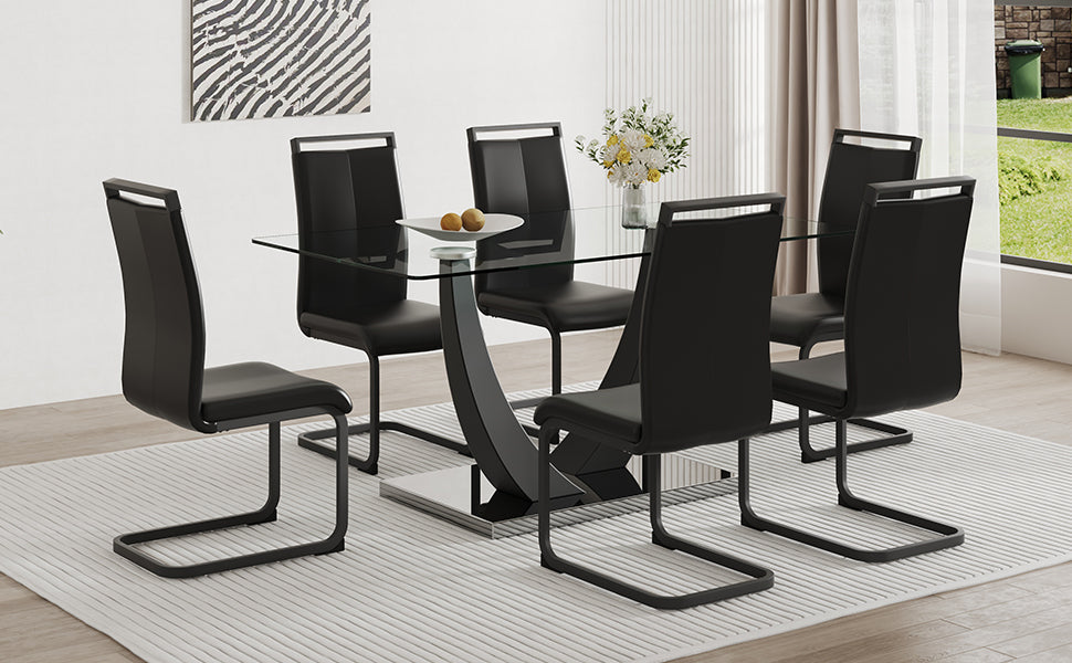 Table And Chair Set.Large Rectangular Glass Dining Table, 0.39 "Tempered Glass Countertop And Black Metal Shaped Bracket.Comes With Chairs With Faux Leather Cushions.Suitable For Kitchen, Dining Room. Black Seats 6 Glass Metal